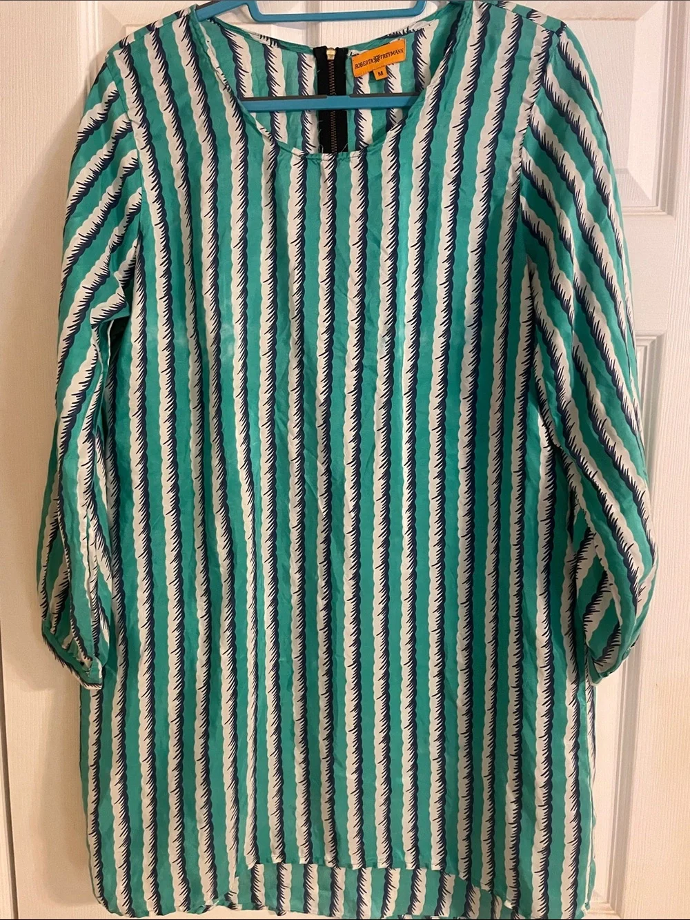 Striped Teal and White Long-Sleeve light 💯 silk Dress